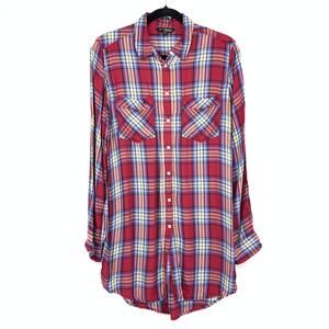 Express Button Front Tunic Top Womens Size Medium Long Sleeve Multicolor Plaid